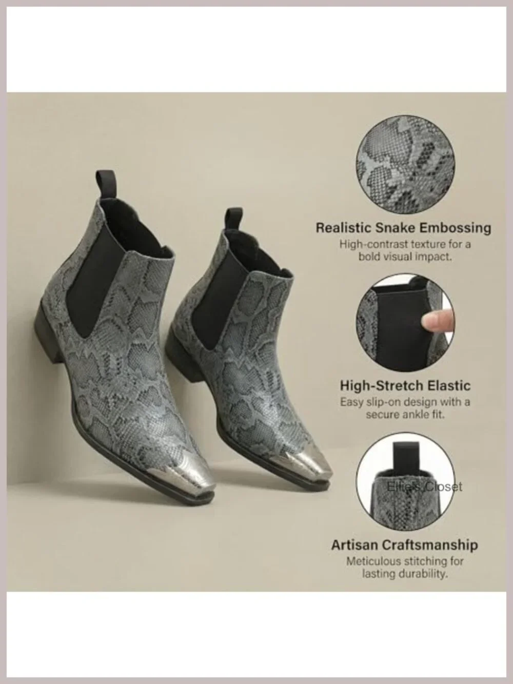 Snake Print Chelsea Boots Pointed Toe Slip-On Western Dress Ankle Boots